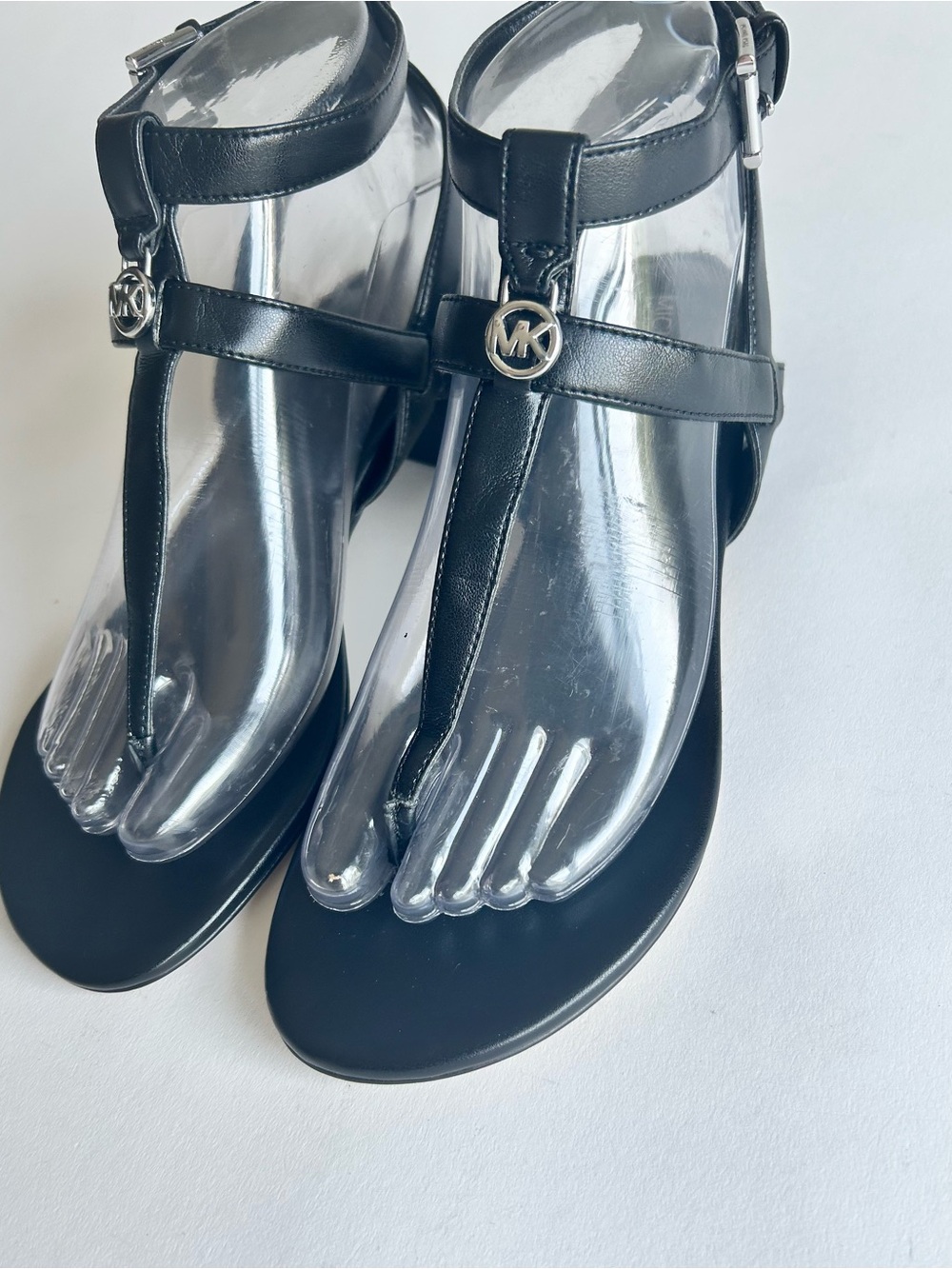 Michael Kors Black Leather Ankle Strap Silver Metal Logo Sandals size 7 - Picture 5 of 16